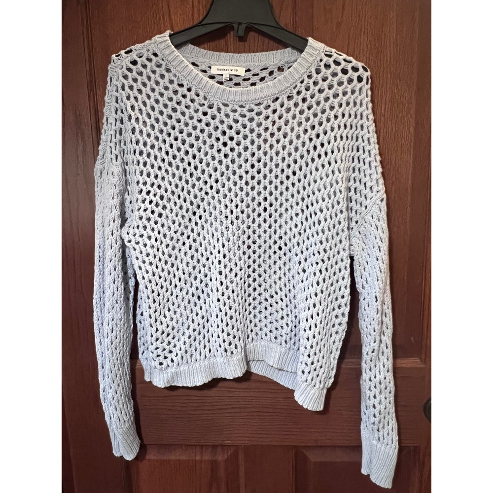 Hooked Up Open Knit Sweater Pullover Lightweight Layering Top Light Blue‎ Large